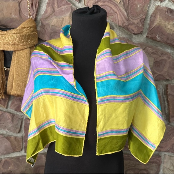 BURMEL Silk Scarf, Green Blue Black Vintage, Hand-rolled Hem, Japan - Picture 8 of 8